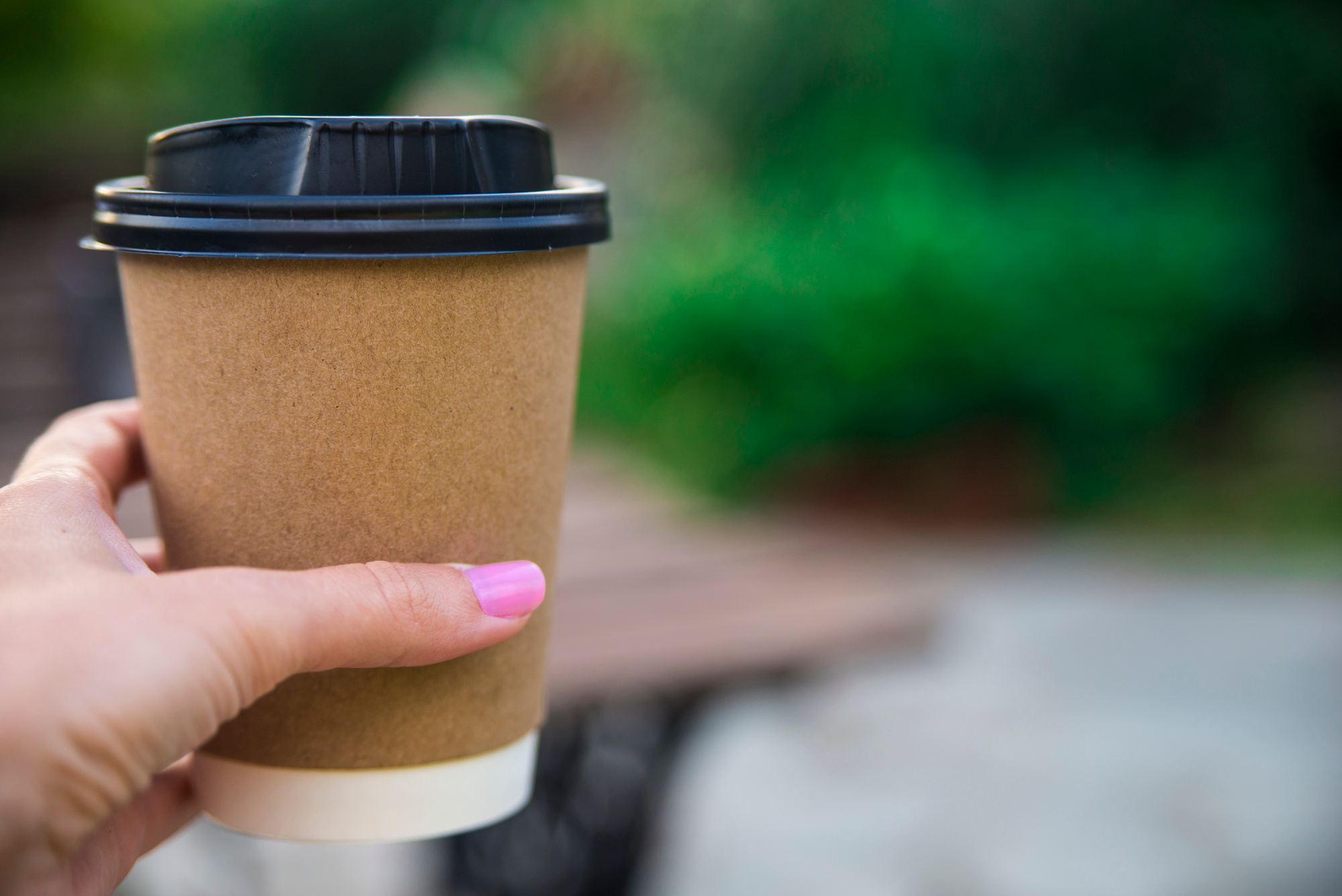 hand holding paper cup coffee natural morning background