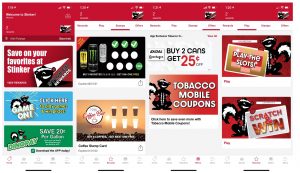 Screenshots showing stamp cards, games and coupons in the new Stinker loyalty app