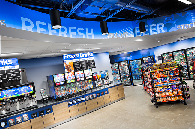 C-store with visible fountain drinks machines, counters and fridges