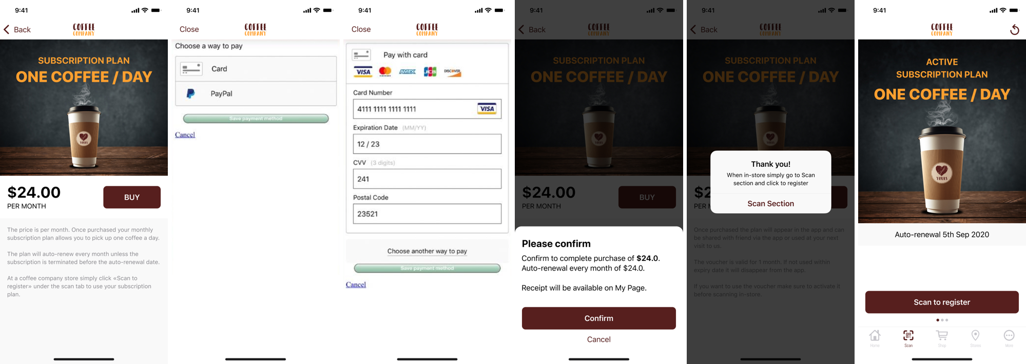 Register payment method on Coffee App